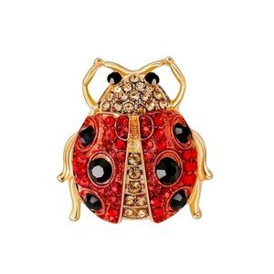 Cute Lady Bug Ladybug Brooch Red & Black Crystals Gold Tone